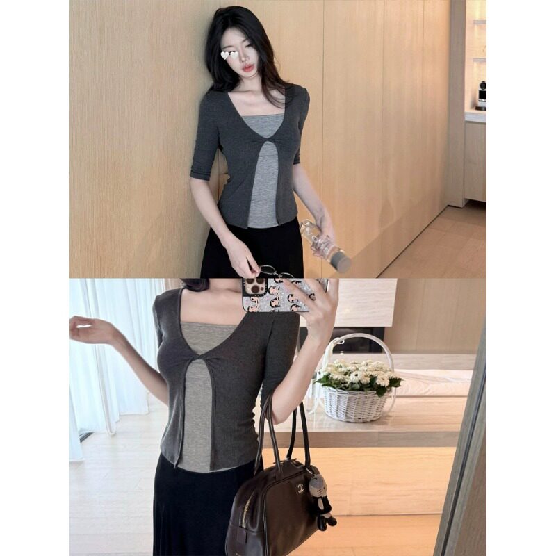 MR随心裁灰色V领中袖开衫假两件中袖T恤女修身显瘦秋季上衣
