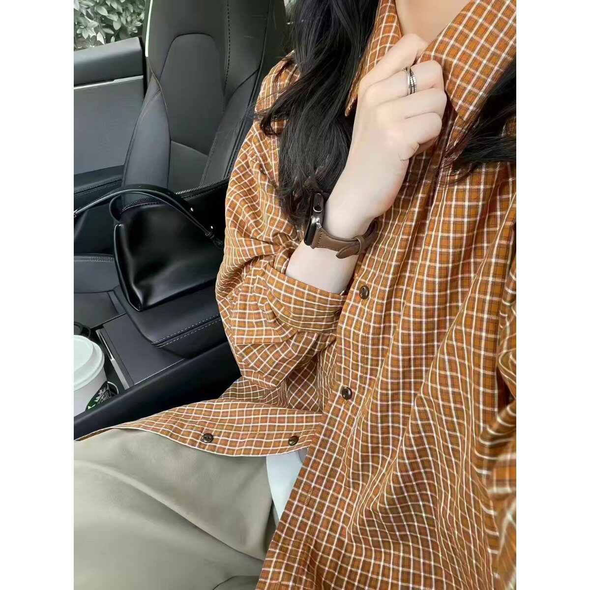 原版棉质面料黄色格纹衬衫女春夏韩系复古显瘦宽松显白格子衬