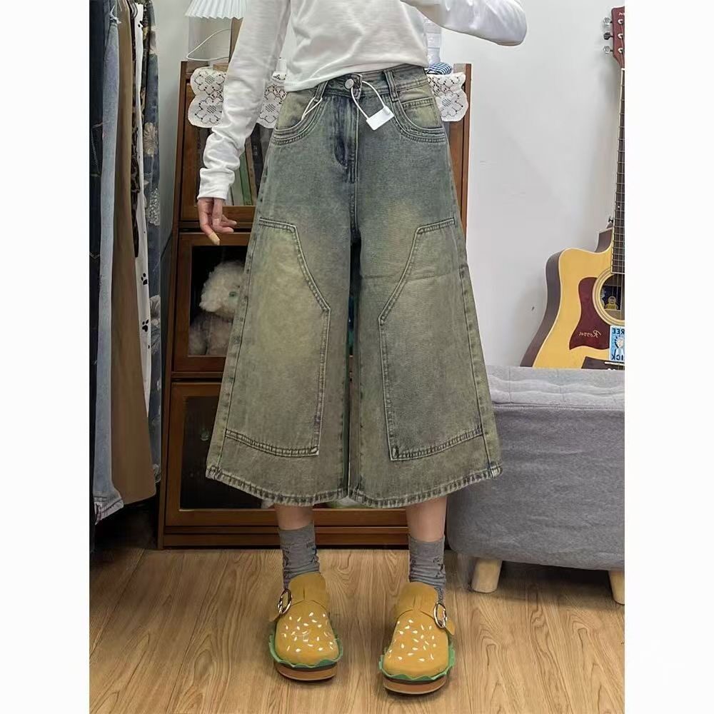 美式高街复古水洗做旧七分牛仔裤女高腰宽松阔腿休闲中裤五分裤子
