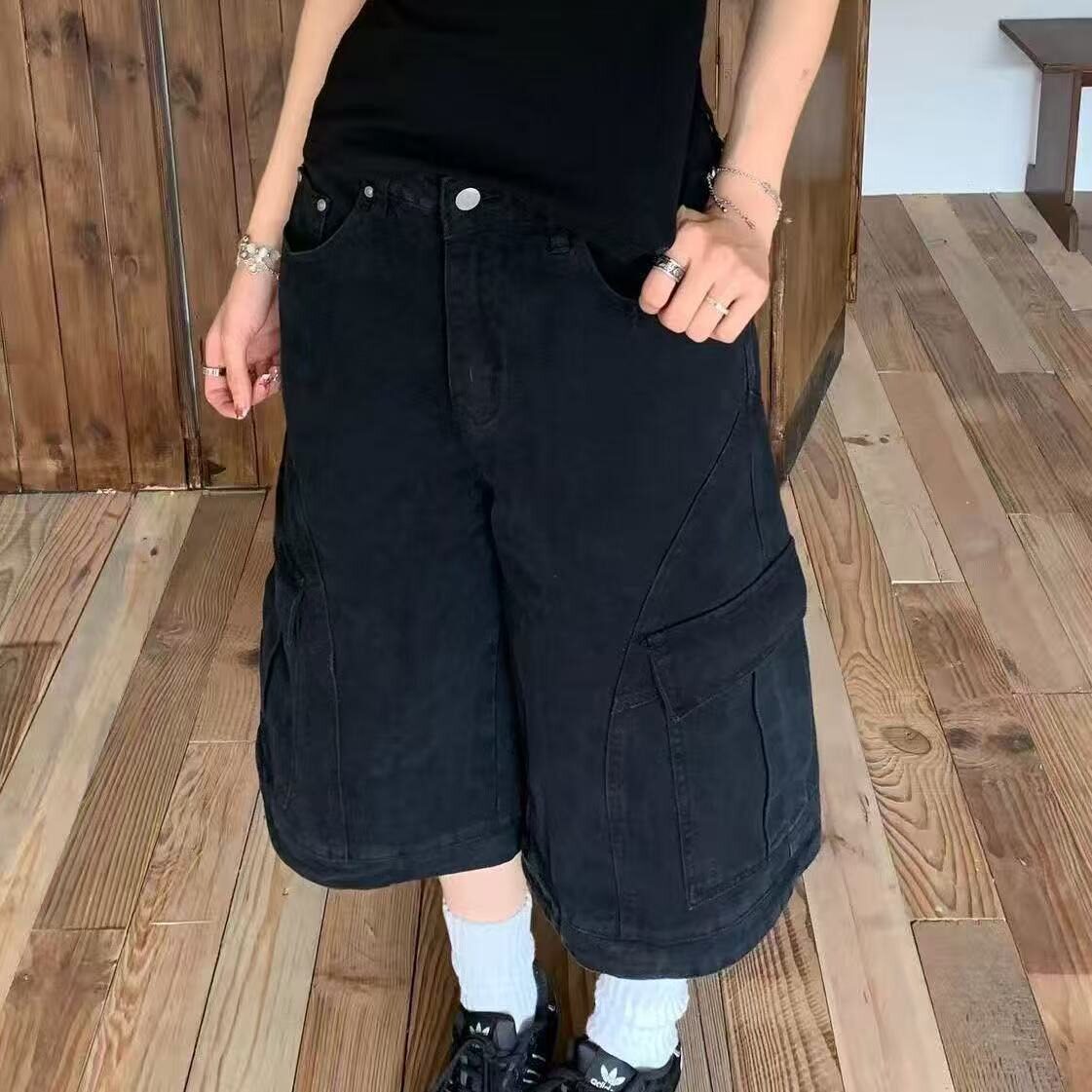 美式大码水洗多口袋工装七分裤女街头直筒宽松显瘦阔腿中裤潮