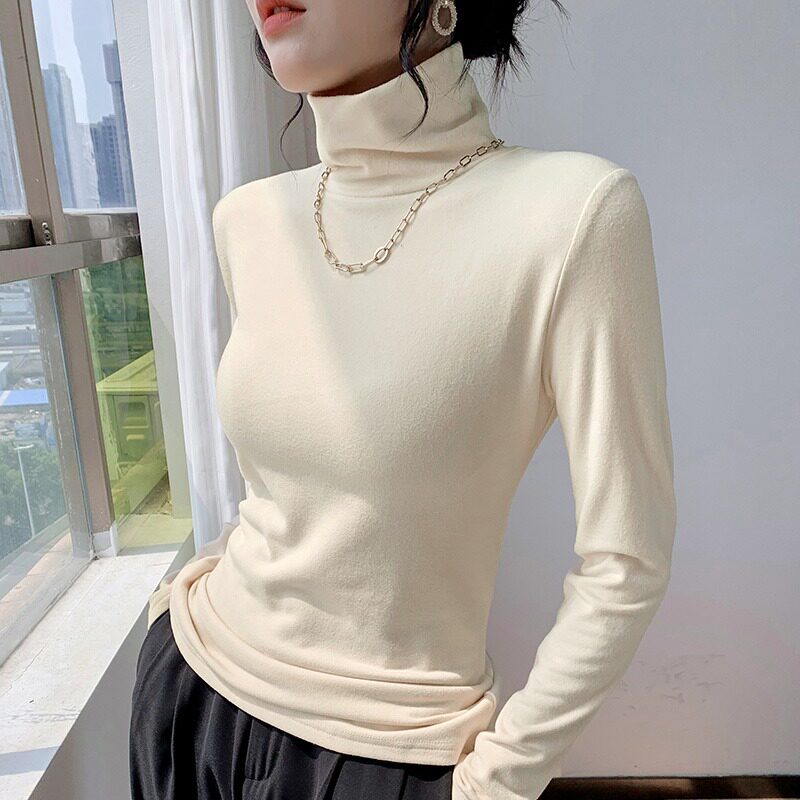 4294实拍螺纹德绒打底衫女内搭秋冬加绒加厚高领堆堆领长袖T恤