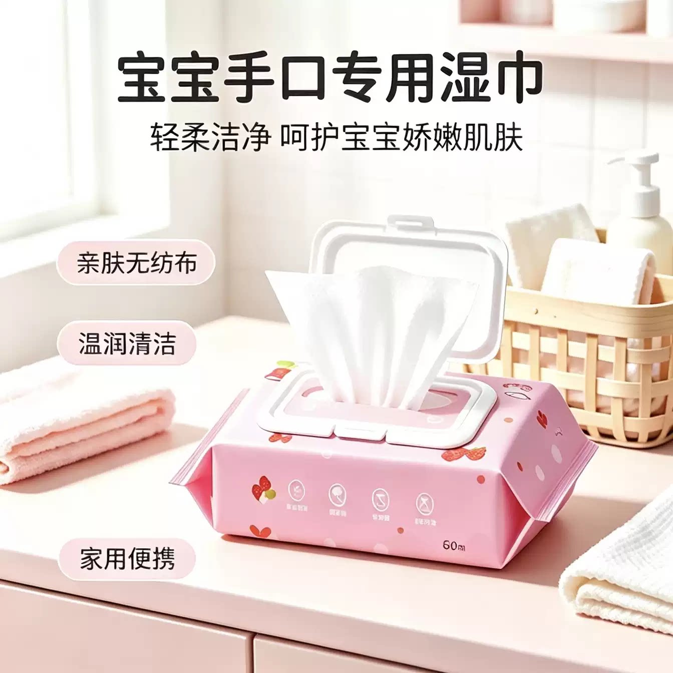 草莓湿巾手口专用湿巾家用纸清洁新生儿带盖母婴新生婴儿成人湿巾