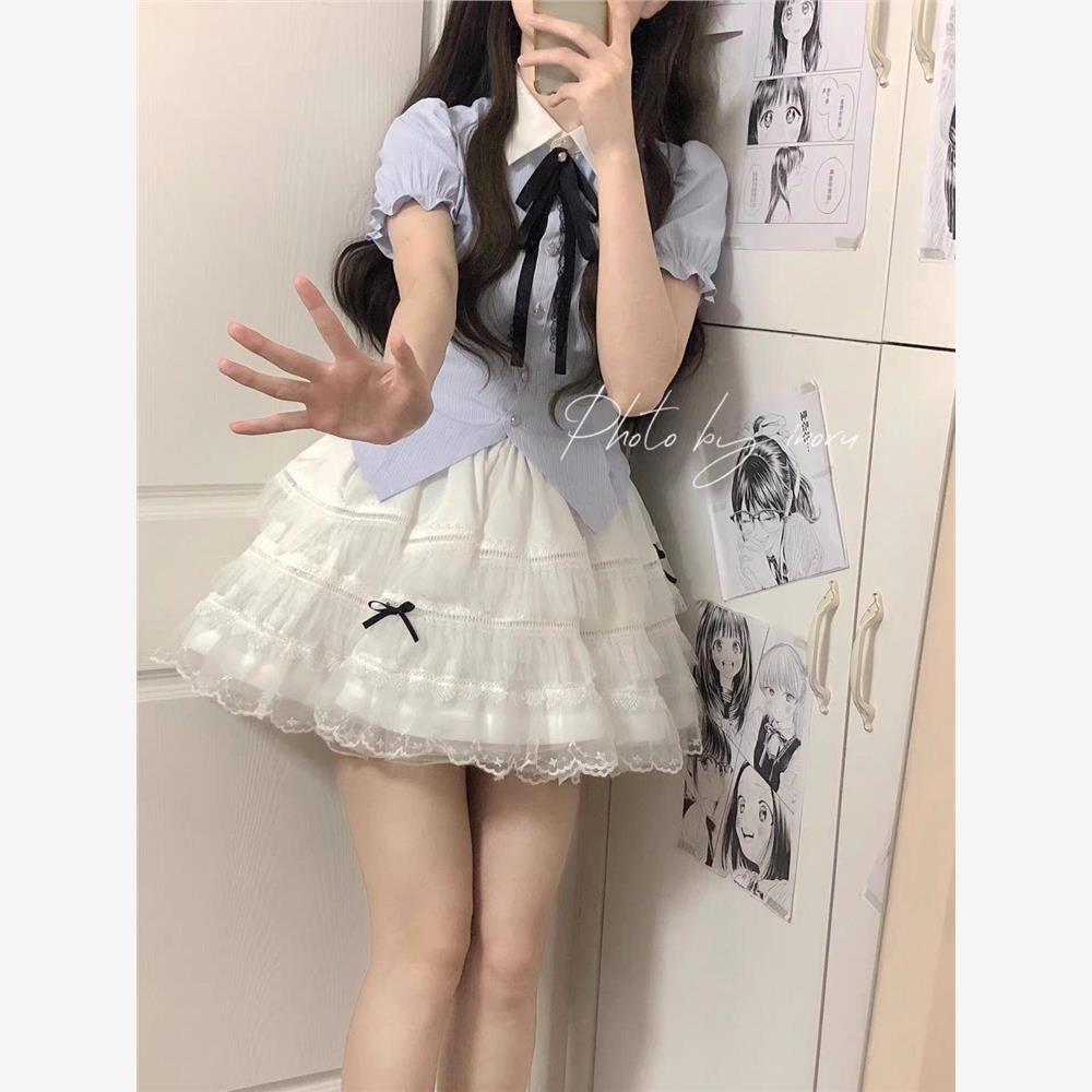 韩系甜美减龄小清新撞色POLO领衬衣高腰设计感蓬蓬裙套装裙夏季女