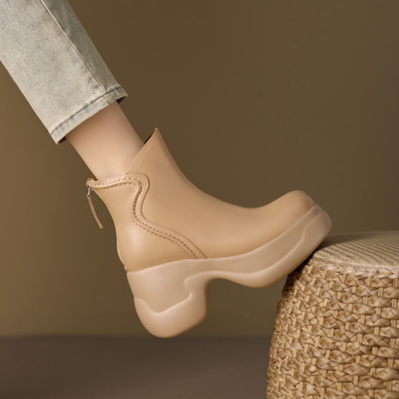 女鞋8cm小个子厚底坡跟短靴杏色切尔西靴真皮马丁靴女烟筒靴