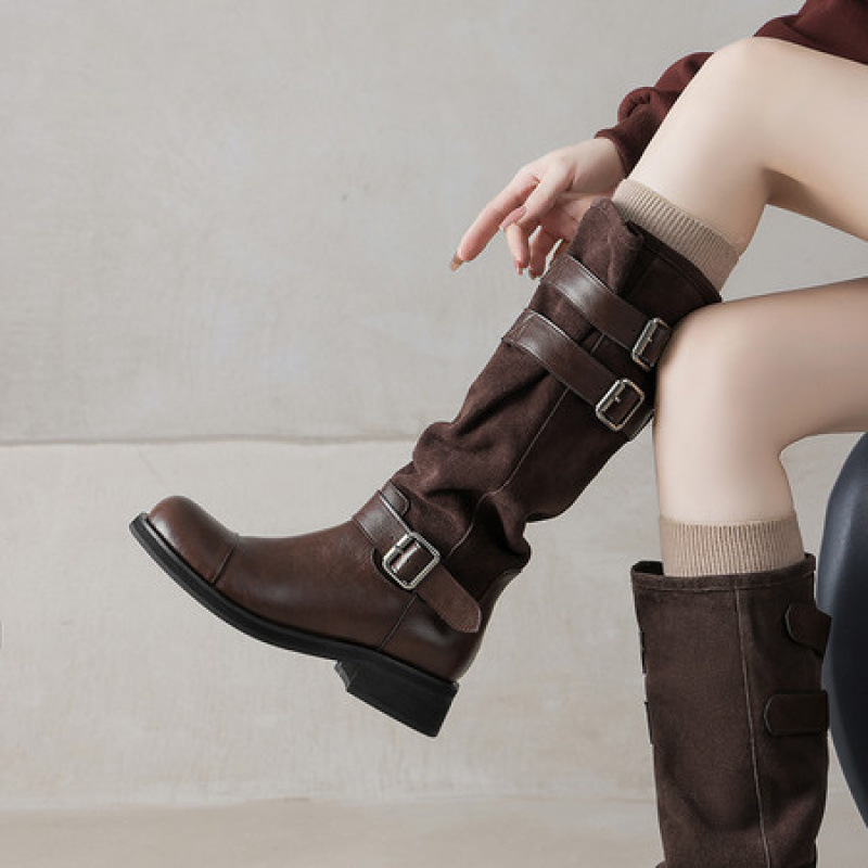 2025秋新款英伦粗跟拼接长靴棕色女真皮皮带扣高筒显瘦骑士靴西部