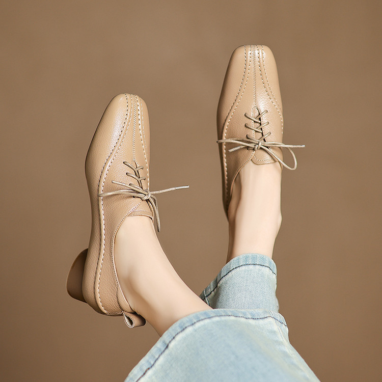 复古超软羊皮通勤系带小皮鞋女深口单鞋百搭粗低跟真皮乐福鞋3cm~
