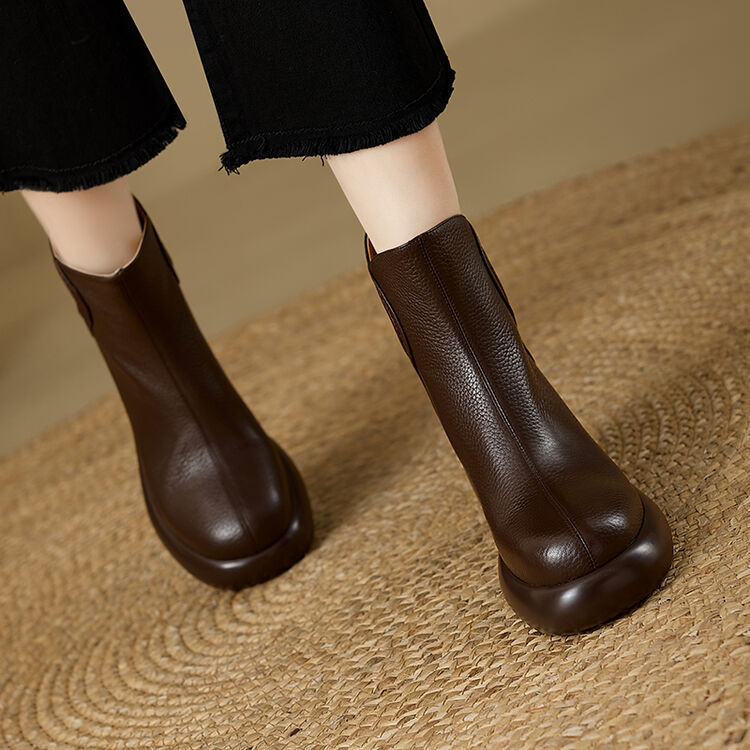 头层牛皮厚底马丁靴女真皮粗跟瘦瘦靴2024新款秋冬季高跟百搭短靴