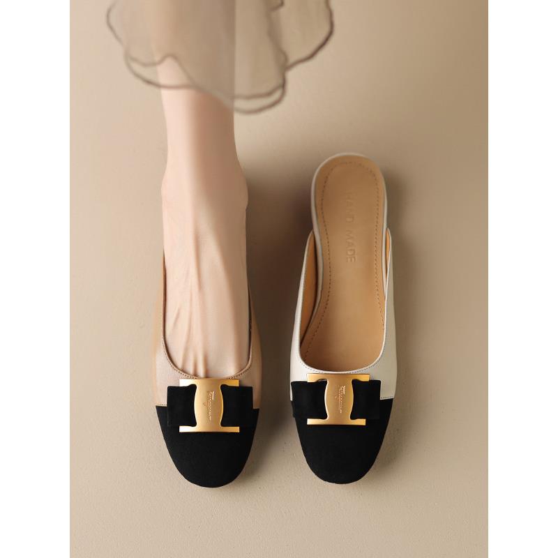 羊皮小香款包头半拖鞋女式平底鞋外穿春夏金属扣凉鞋骡子鞋半拖鞋