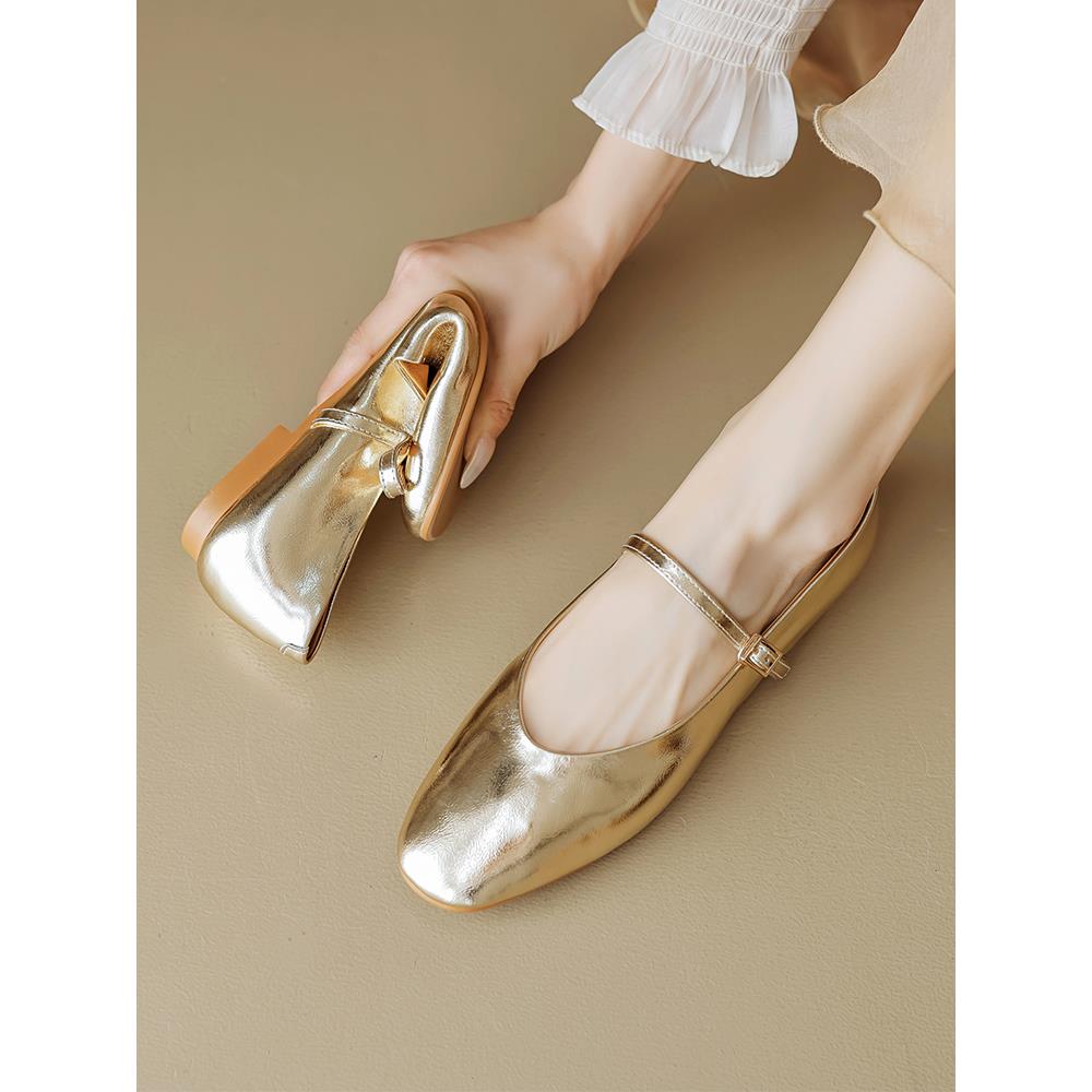 羊皮银色玛丽简女士鞋法国软底奶奶鞋金色单带平底鞋大尺寸41至43
