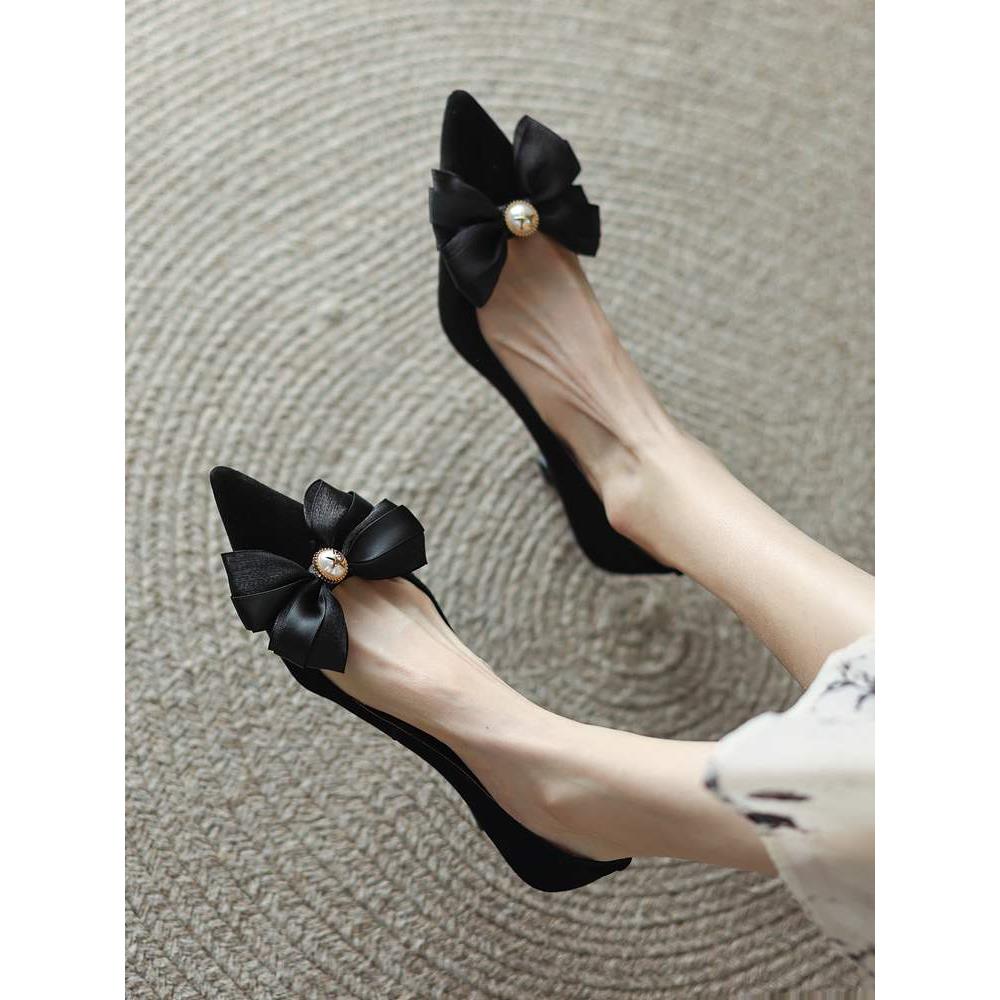法式小高跟鞋女尖头蝴蝶结黑色仙女鞋5CM中跟单鞋春秋韩版女鞋子