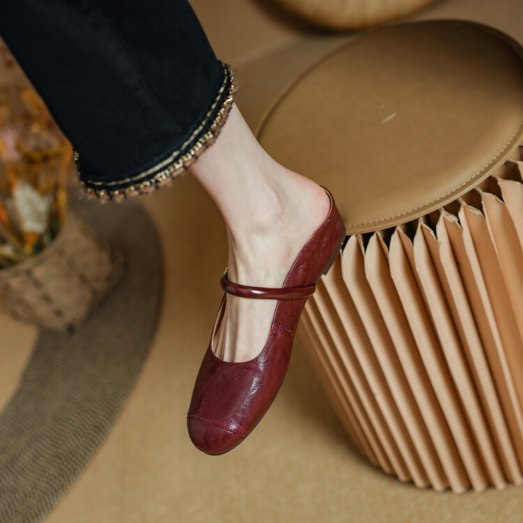 2024年夏季新款真皮内增高平底坡跟一字带包头半拖鞋女中跟穆勒鞋