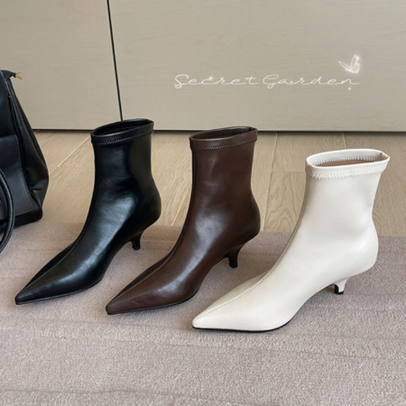 百搭基础款~真皮法式后拉链细高跟瘦瘦靴棕色气质尖头初秋短靴女