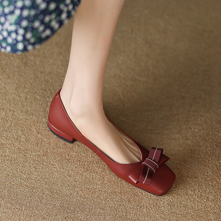 韩版浅口甜美蝴蝶结低跟女单鞋红色春夏新款方头文艺白搭复古女鞋
