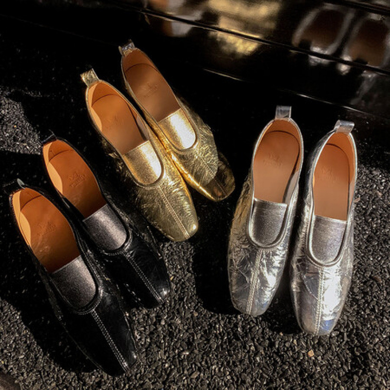 真皮平底乐福鞋一脚蹬懒人鞋金银色方头深口做旧复古单鞋女鞋