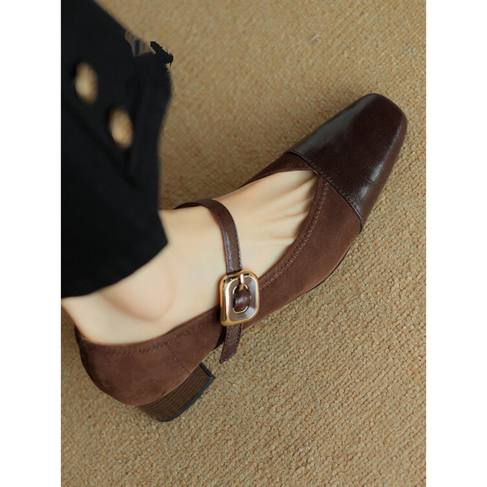 法式覆古羊皮一字带粗跟单鞋女中跟2025春秋v口显瘦玛丽珍高跟鞋