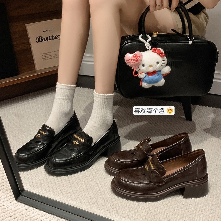 小羊皮粗跟中跟乐福鞋女单鞋2025春秋新款一脚蹬圆头小皮鞋