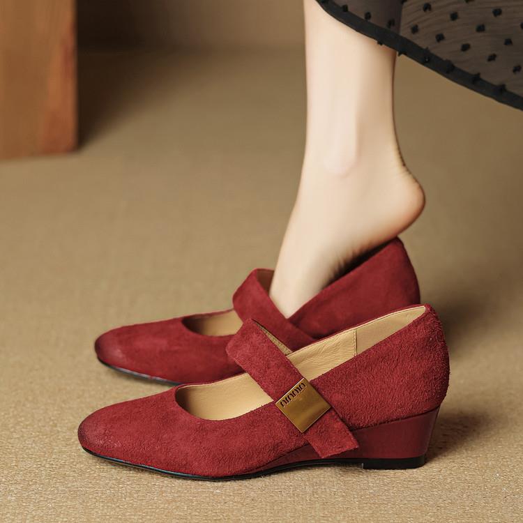 巨好穿法式单鞋女春秋季圆头中跟坡跟真皮平底红色40棕色玛丽珍鞋