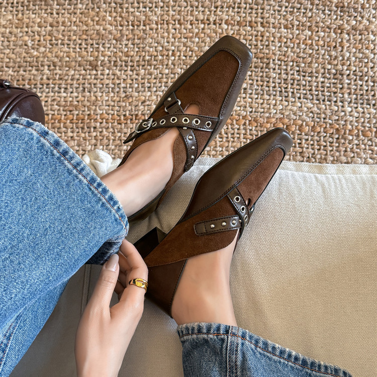 小众设计踩跟手工女鞋2025春秋季新款中跟复古拼接方头粗跟单鞋女