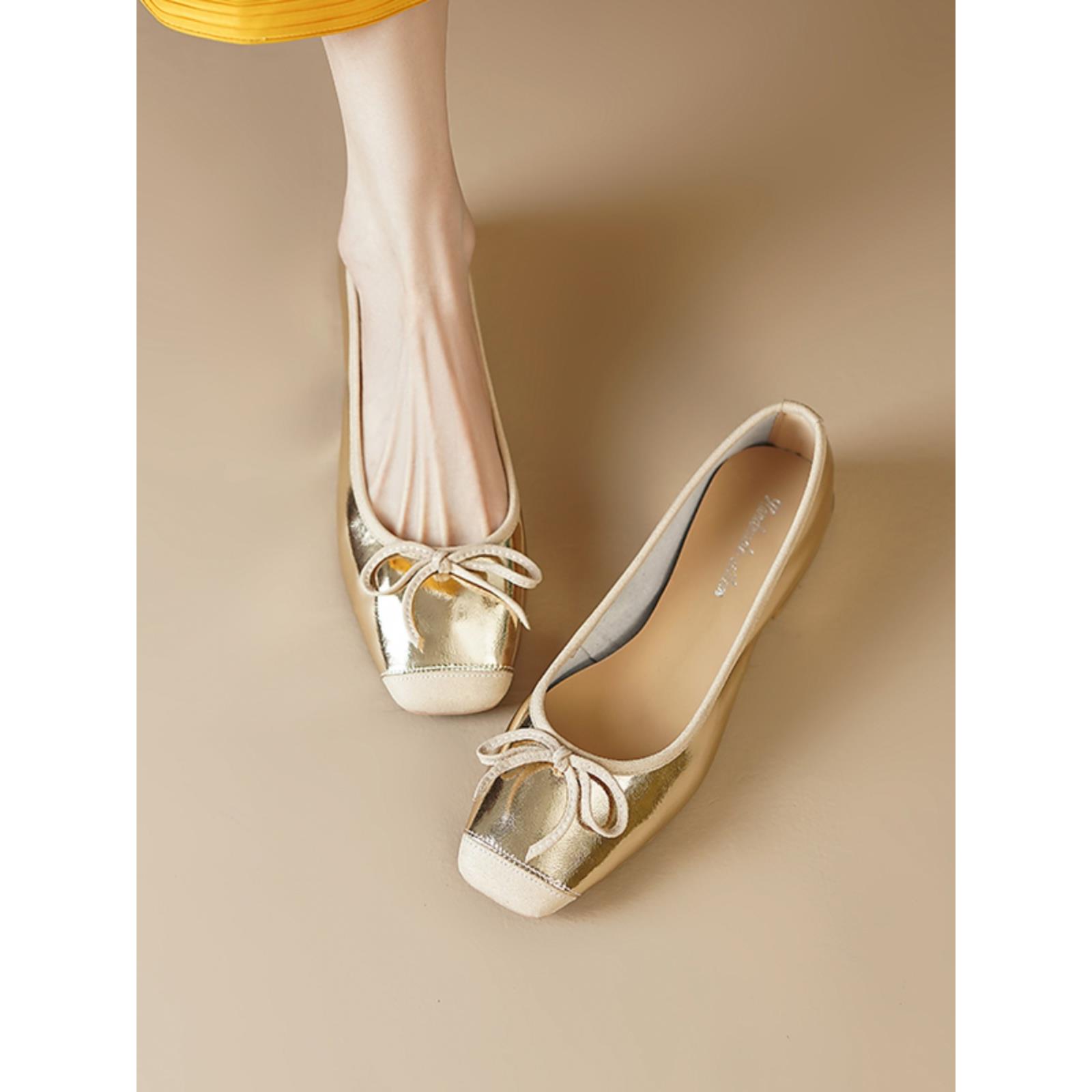法式小香风银色单鞋女2025新款春夏蝴蝶结芭蕾舞平底鞋软皮奶奶鞋