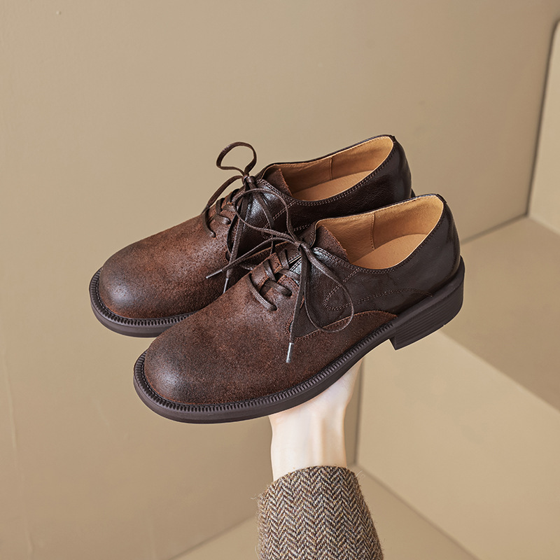 英伦复古风圆头擦色系带休闲风小皮鞋2024秋季新款百搭舒适乐福鞋