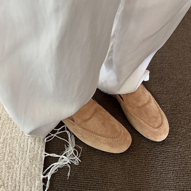 真皮时尚百搭单鞋女圆头平跟橡胶胶粘鞋头层猪皮乐福鞋（豆豆鞋）