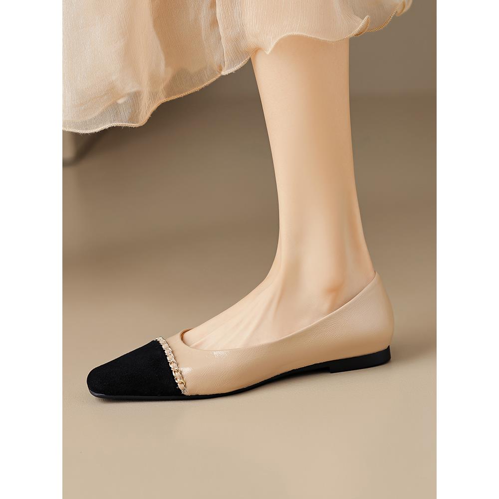 法国覆古小香味风格颜色匹配炼浅口平底鞋女士真皮软底方趾平底鞋