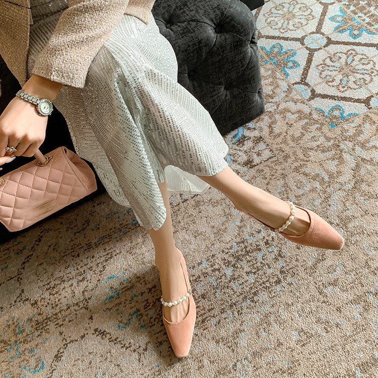 仙女风绒面珍珠气质单鞋2025春季新款百搭粗跟尖头舒适平底鞋春夏