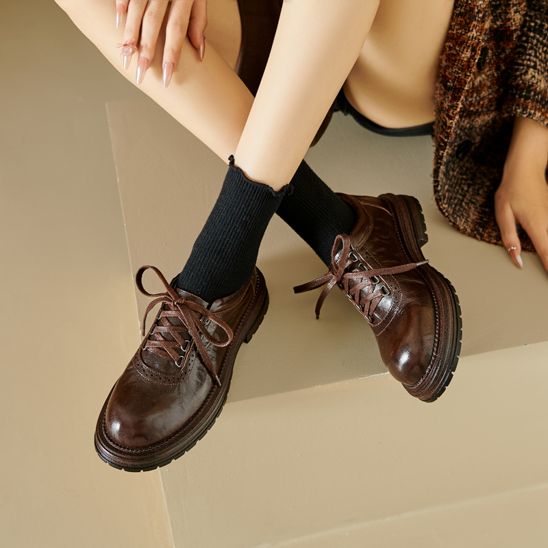 英伦复古学院风圆头厚底前系带小皮鞋2024秋季新款羊皮舒适乐福鞋