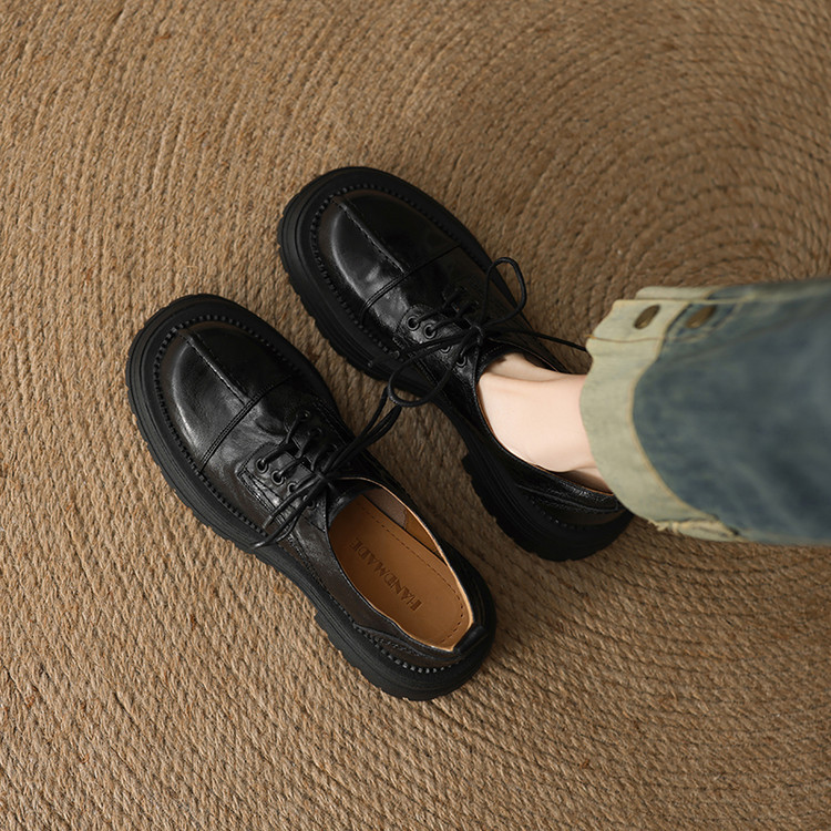 头层手抓纹羊皮系带休闲风圆头厚底小皮鞋2025春季增高显瘦乐福鞋