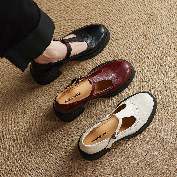 手工女鞋~5.5厘米高跟复古羊皮圆头玛丽珍鞋2025春秋季粗跟单鞋