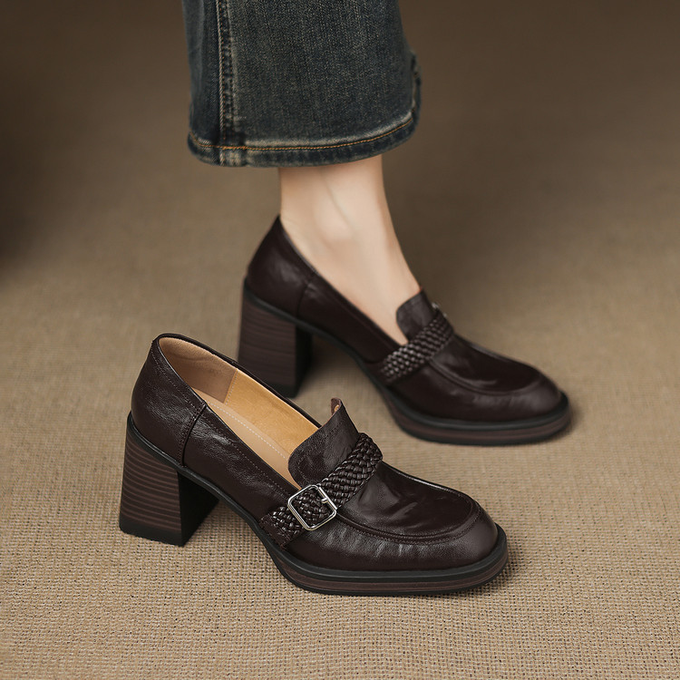 2025秋新款法式复古粗跟乐福鞋女方头真皮编织舒适百搭高跟单鞋女