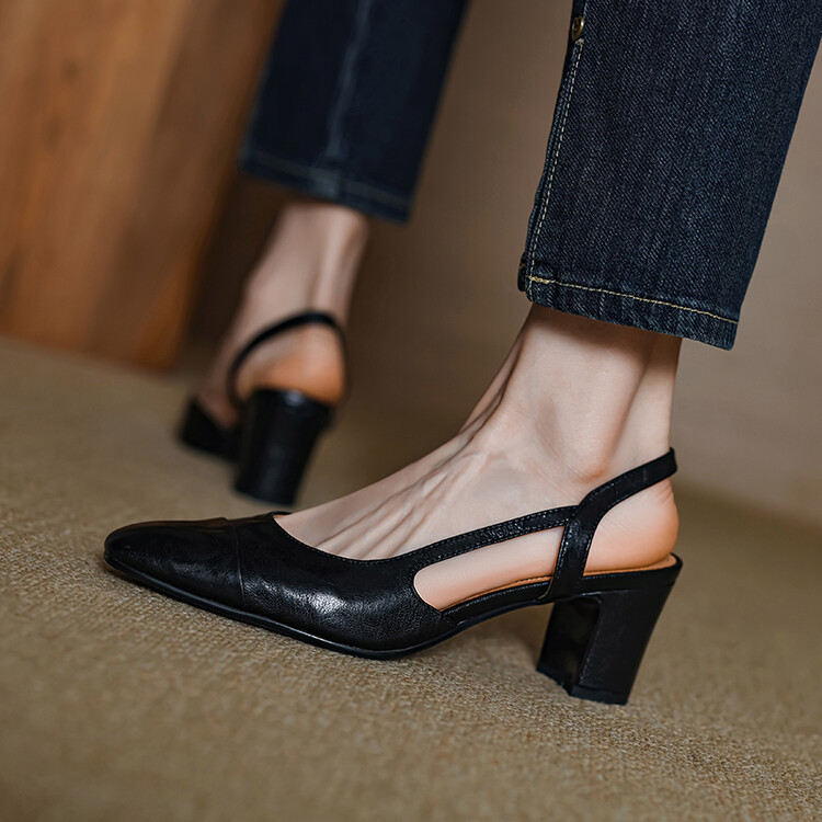 包头凉鞋粗跟7cm高跟鞋小香风简约一字带后空单鞋套脚百搭时装鞋~