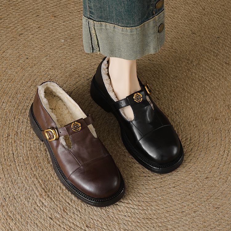复古英伦风小皮鞋女秋冬2025新款低跟加绒乐福鞋t字带玛丽珍单鞋