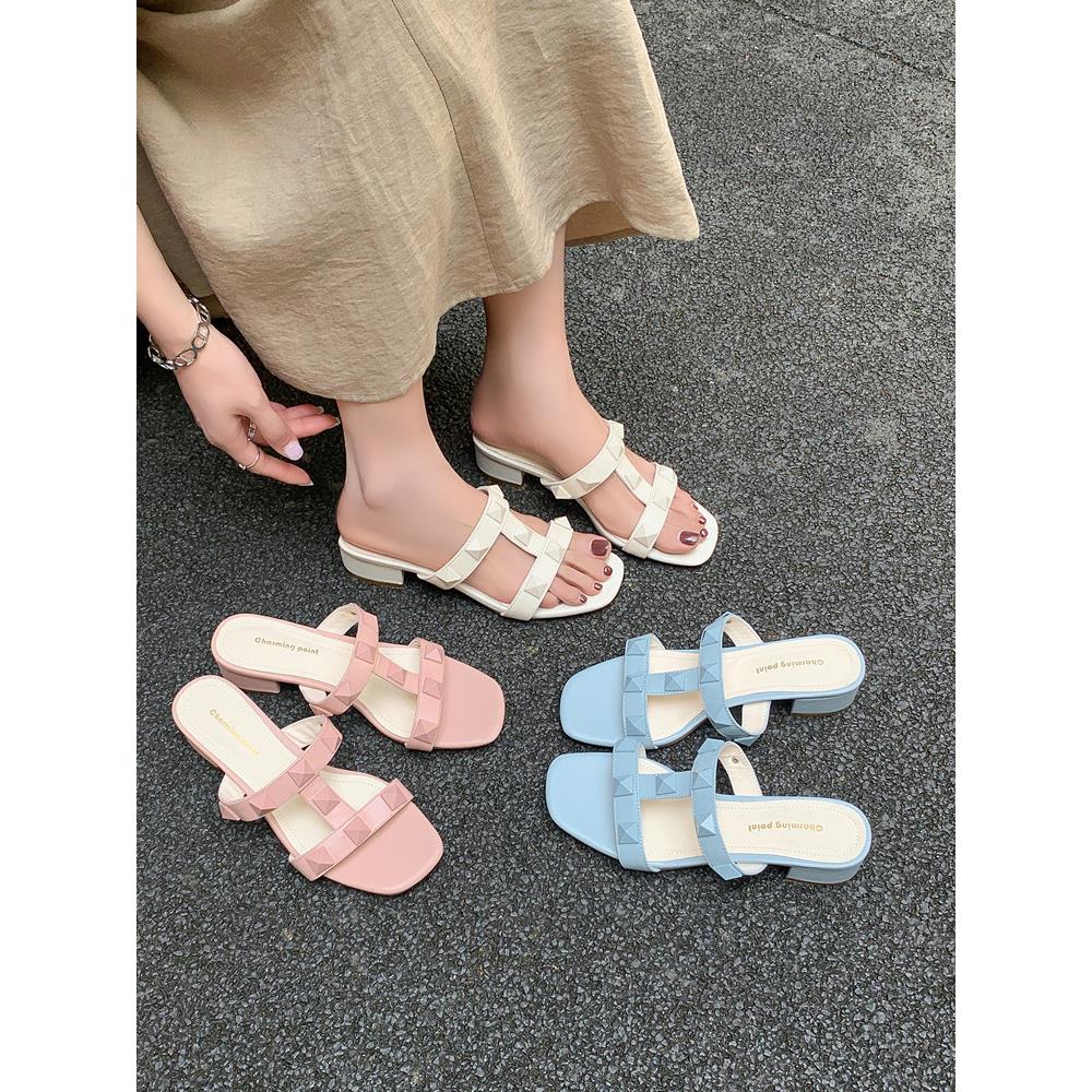 糖果色夏天配裙子凉鞋女款2025新款真皮铆钉粗跟拖鞋女夏外穿