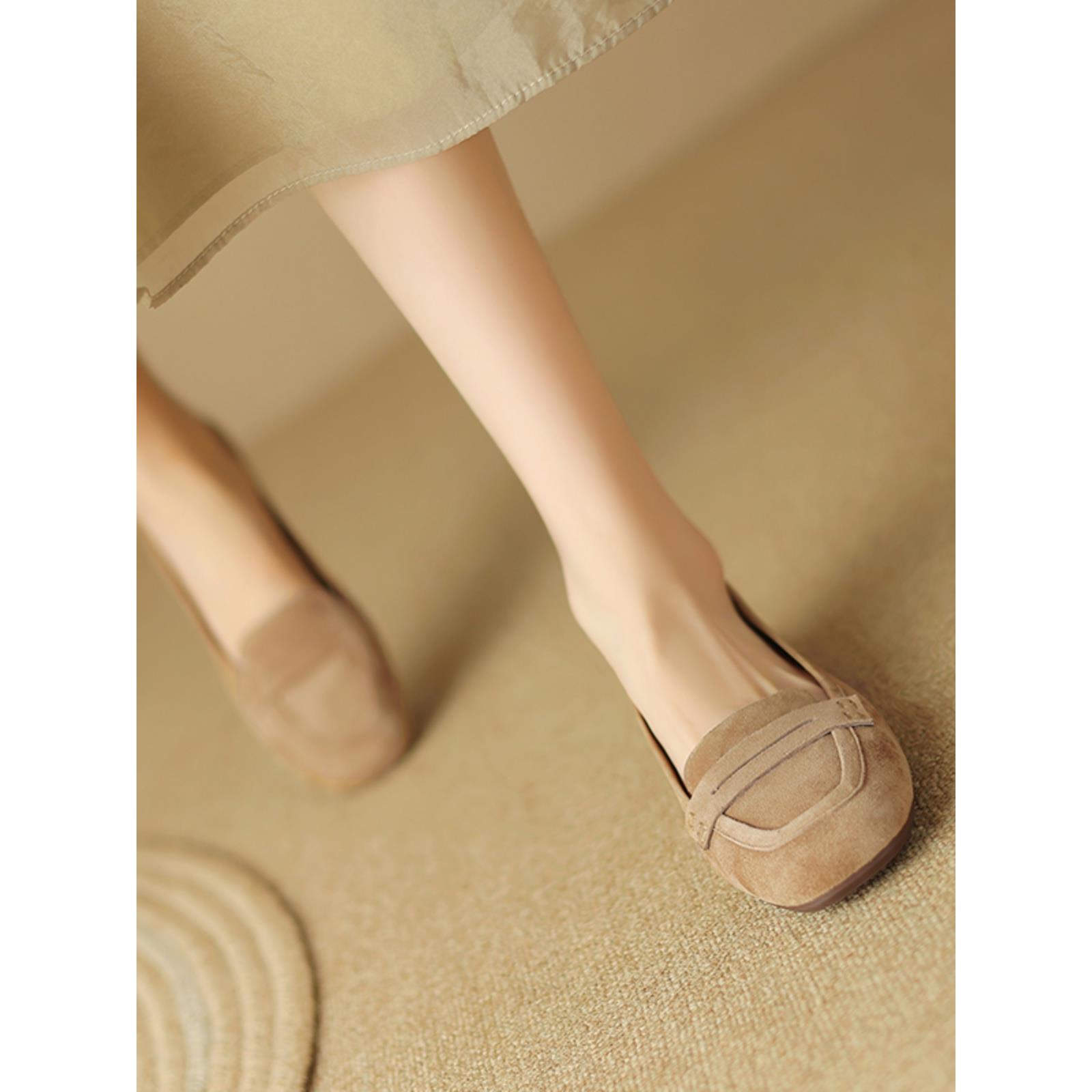 英国覆古软皮革磨砂山羊皮女连帽鞋2025新款春夏软底乐福鞋平底鞋