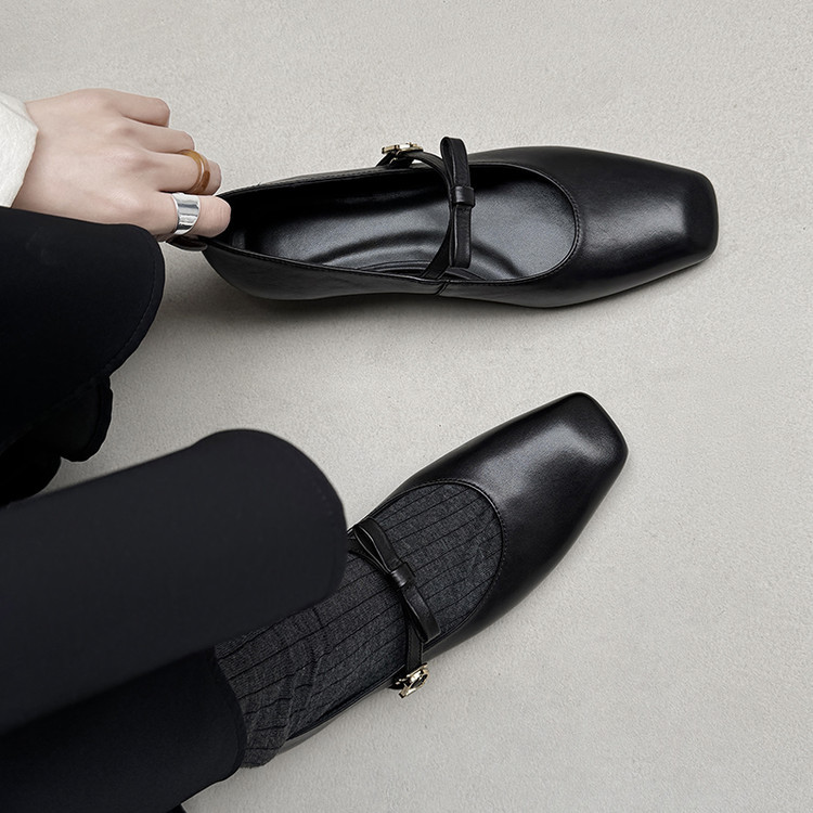 2025春季新款方头平底鞋女复古玛丽珍鞋浅口一字扣带单鞋女春夏暖