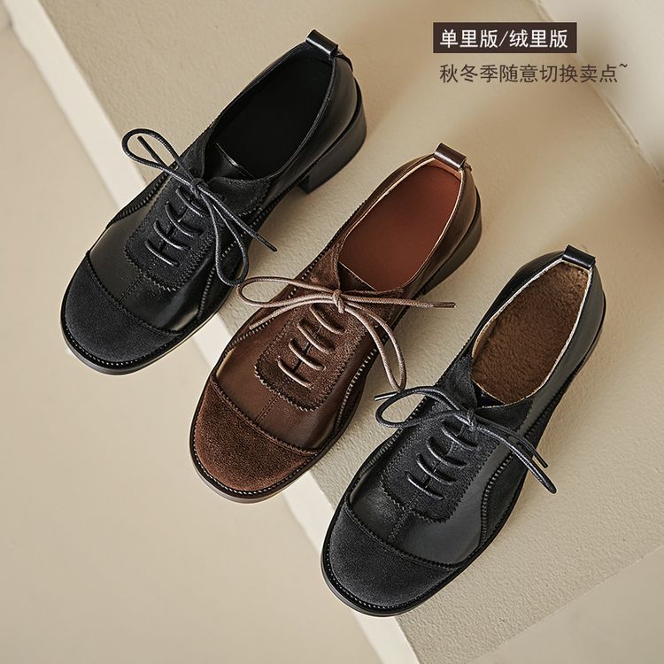 高品质英伦风牛翻皮系带休闲保暖加绒小皮鞋2024秋百搭舒适乐福鞋