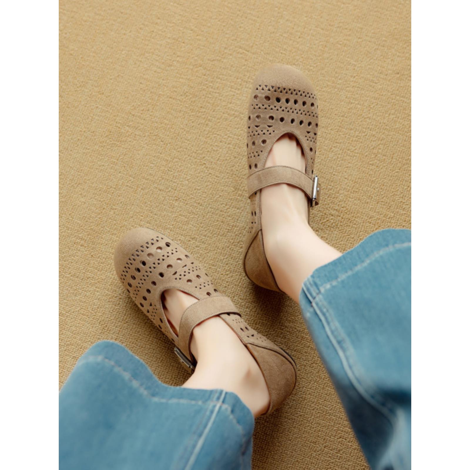 诗宝斐尔 覆古镂空洞洞鞋春夏季磨砂真皮圆头平底单鞋玛丽珍凉鞋