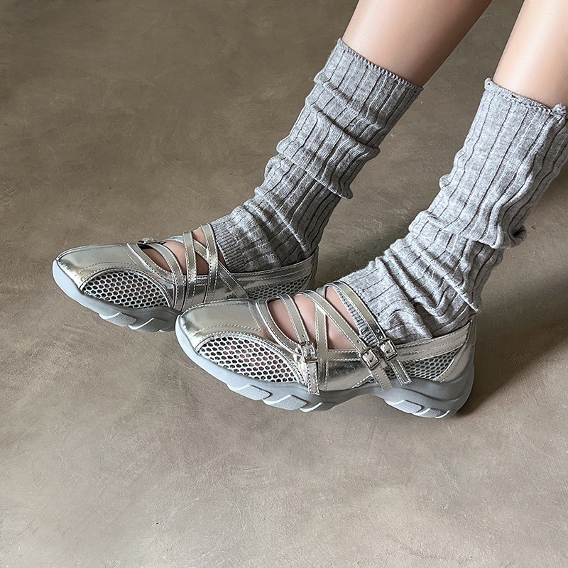 小个子浅口厚底网纱透气魔术贴单鞋女夏芭蕾风运动休闲玛丽珍网鞋