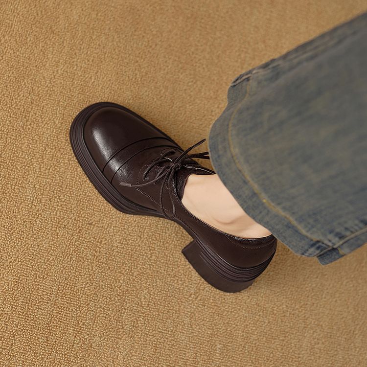 优雅气质粗跟方头系带休闲风增高高跟鞋2025春里外全皮通勤乐福鞋