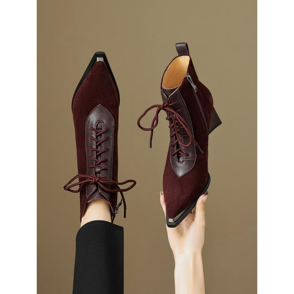 巨好穿洋气短靴女春秋单靴2024新款尖头高跟靴粗跟真皮系带冬加绒