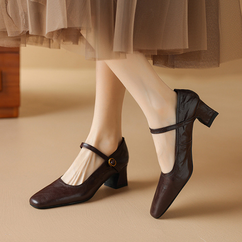 巨柔软！软皮复古方头高跟鞋女单鞋浅口一字带简约玛丽珍粗跟女鞋
