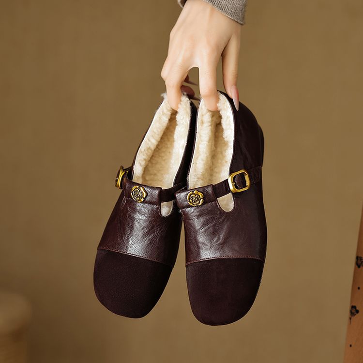 仙女风甜美山茶花羊羔毛保暖内里平底毛毛鞋2024冬复古百搭小皮鞋