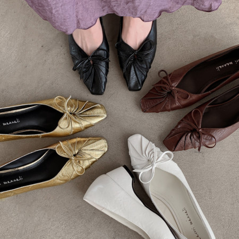 真皮法式小众褶皱气质玛丽珍女鞋方头蝴蝶结一脚蹬粗跟单鞋配裙子