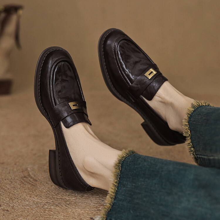 羊皮棕色复古乐福鞋女2024新款英伦风真皮单鞋一脚蹬中粗跟小皮鞋