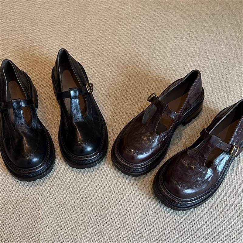 主推羊皮复古厚底乐福鞋小个子丁字扣圆头粗跟单鞋子女鞋百搭