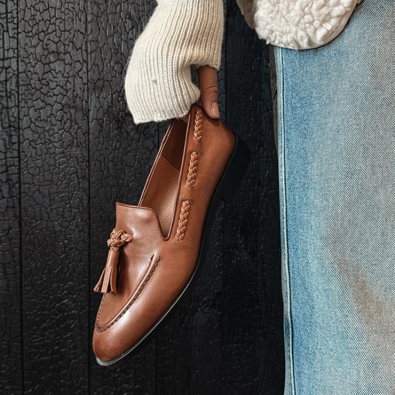 流苏低跟乐福鞋女2025新款秋冬复古平底一脚蹬英伦风手工小皮鞋