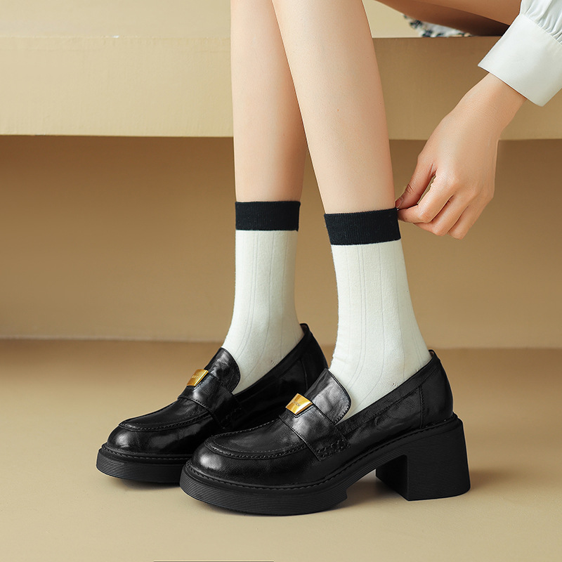 6CM增高小个子厚底粗跟法式复古乐福鞋2024春一脚蹬深口英伦风单