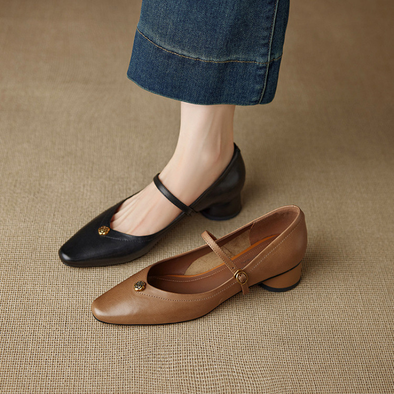 水洗牛皮！2025新款真皮小方头粗跟单鞋女秋季一字带不跟小皮鞋