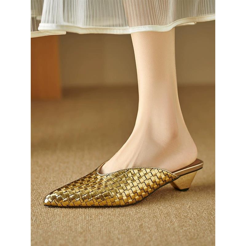 诗宝斐尔~法式编织包头半拖鞋女夏外穿真皮金银色粗跟尖头穆勒鞋